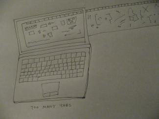 A drawing of a laptop with open tabs extending outside of the laptop as horizontally tiled windows.